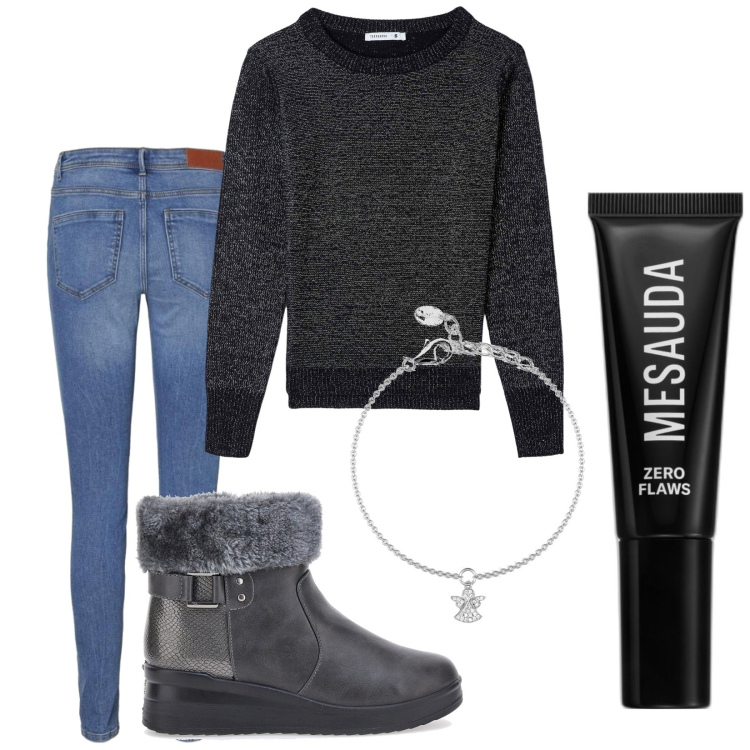 Outfit donna - Total look #1781306. Stile Casual per Tutti i giorni. Abbinamento con primer, maglieria, braccialetti con ciondoli, jeans skinny, stivaletti.