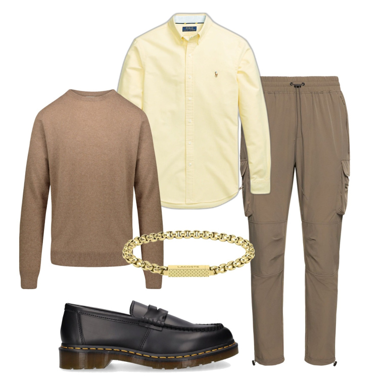Outfit uomo - Camicia paglierino. Stile Trendy per Tutti i giorni. Abbinamento con camicie, maglieria, pantaloni cargo, scarpe stringate, braccialetti.