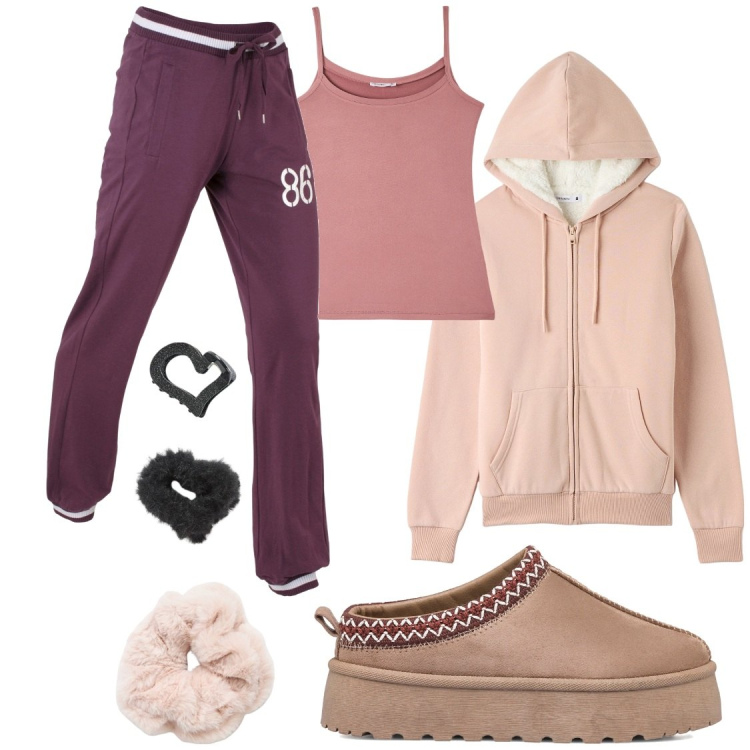 Outfit donna - Modalità divano. Stile Basic per Tutti i giorni. Abbinamento con pantaloni sportivi, felpe con cappuccio, accessori per capelli, magliette intime, sabot.