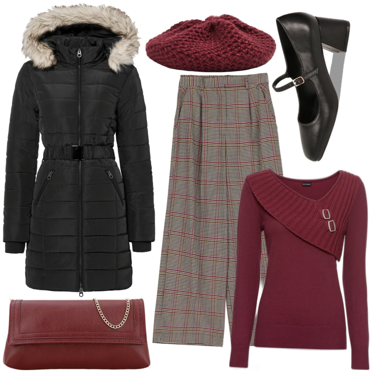Outfit donna - Casual chic inverno. Stile Casual chic per Tutti i giorni. Abbinamento con maglieria, giacche, cappelli e berretti, décolleté, pantaloni a palazzo, pochette.