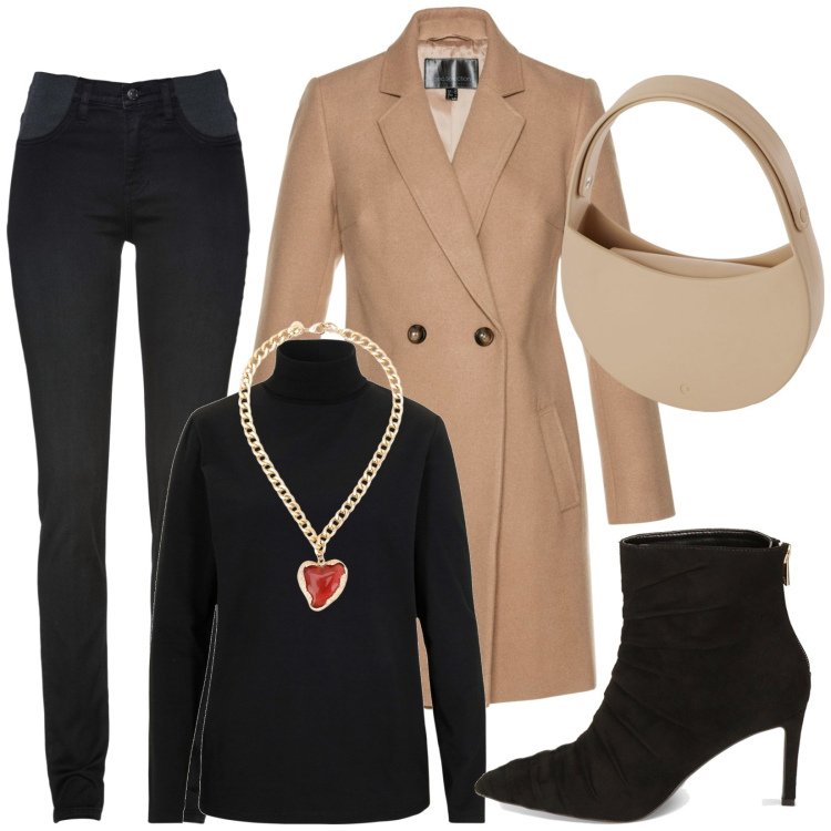Outfit donna - Total look #1781363. Stile Casual chic per Tutti i giorni. Abbinamento con jeans skinny, cappotti, maglieria, stivaletti, collane, borse a spalla.