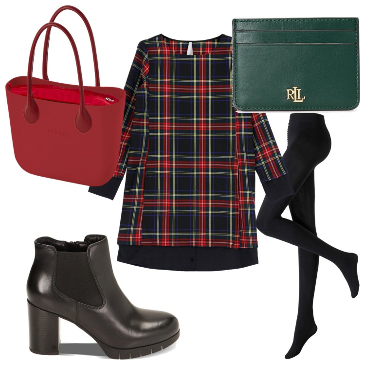 Outfit donna - Il vestito tartan. Stile Trendy per Tutti i giorni. Abbinamento con collant, vestiti corti, stivaletti chelsea, portafogli, borse a spalla.