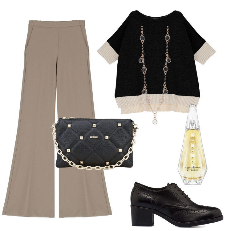 Outfit donna - Curvy glamour. Stile Chic per Serata fuori. Abbinamento con profumi, collane, pantaloni, pochette, maglieria, scarpe stringate.