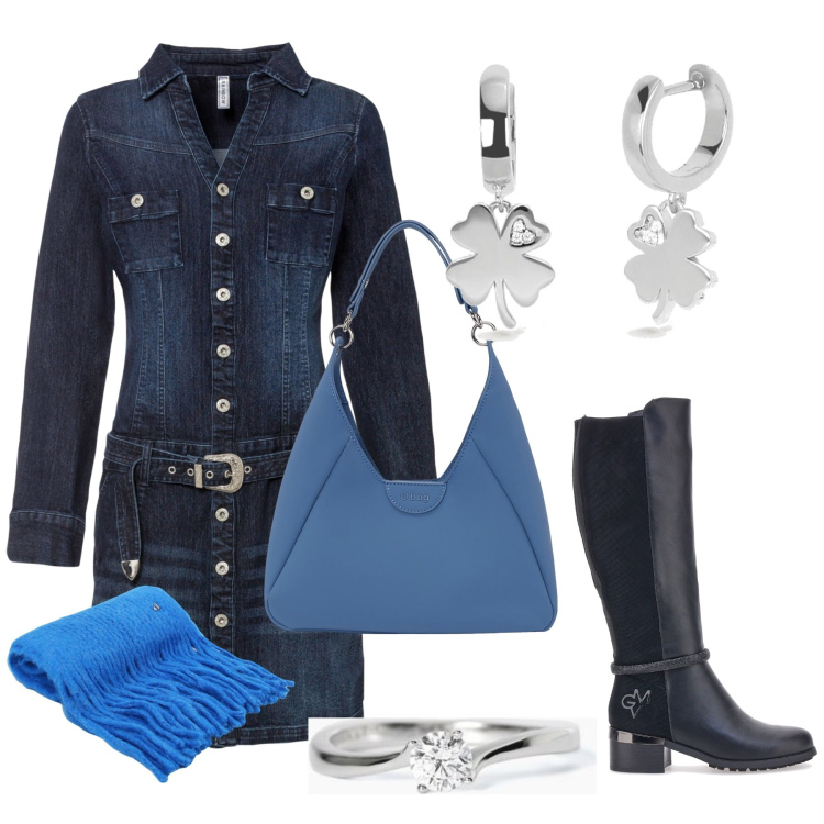 Outfit donna - L abito trendy. Stile Trendy per Scuola/Università. Abbinamento con vestiti, orecchini, anelli, sciarpe, stivali sopra il ginocchio, borse a spalla.