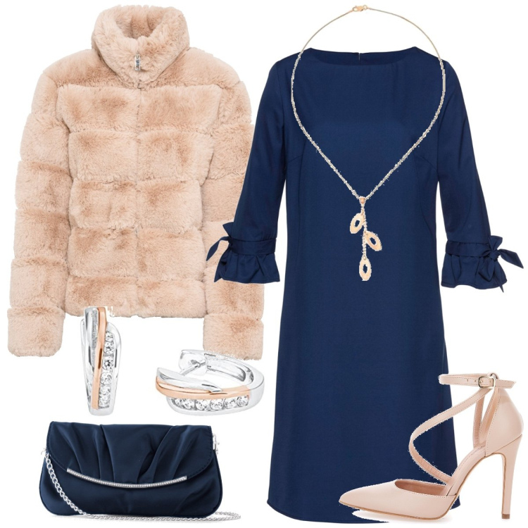 Outfit donna - Cerimonia. Stile Chic per Cerimonia. Abbinamento con ecopellicce, pochette, vestiti, ciondoli, décolleté, orecchini.