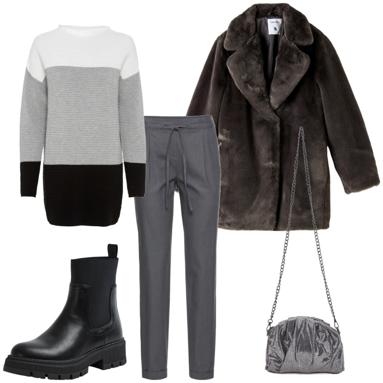 Outfit donna - In grigio. Stile Casual chic per Tutti i giorni. Abbinamento con pantaloni, maglieria, ecopellicce, stivali sopra il ginocchio, borse a tracolla.