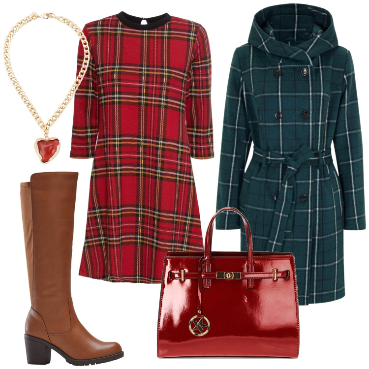 Outfit donna - Bonprix il tartan. Stile Bon Ton per Ufficio. Abbinamento con vestiti corti, stivali, cappotti, borse a mano, collane.