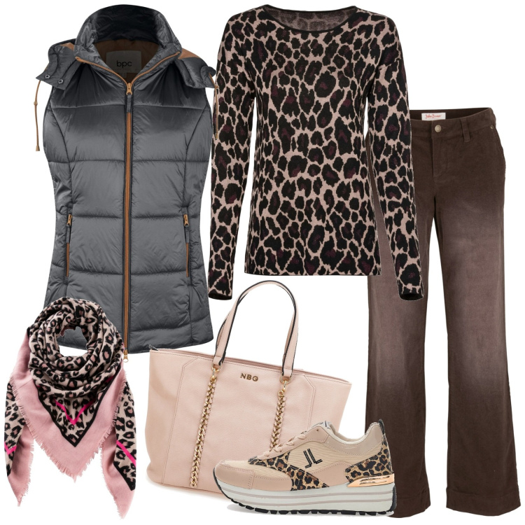 Outfit donna - Total look #1781470. Stile Casual per Tutti i giorni. Abbinamento con gilet, maglieria, pantaloni, foulard, sneakers, borse a spalla.
