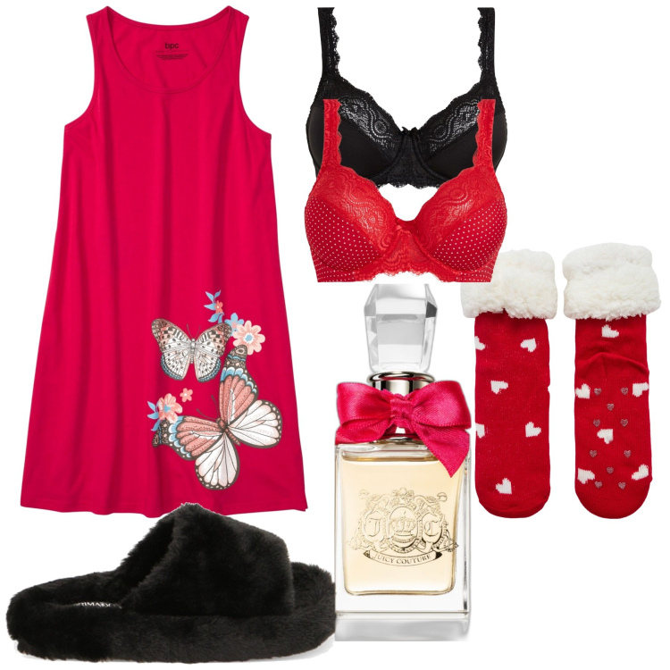 Outfit donna - Regali vari. Stile Basic per Tutti i giorni. Abbinamento con reggiseni, camicie da notte, profumi, ciabatte, calzini.