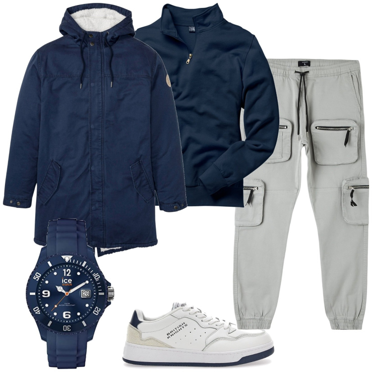 Outfit uomo - Sportivo blu e ghiaccio. Stile Casual per Sport. Abbinamento con felpe, parka, pantaloni cargo, orologi, sneakers.