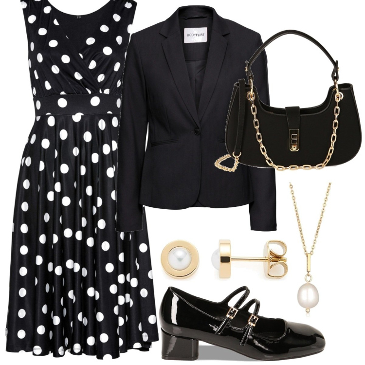 Outfit donna - Serata comoda a pois. Stile Casual per Serata fuori. Abbinamento con vestiti, blazer, borse a spalla, décolleté, collane, orecchini.