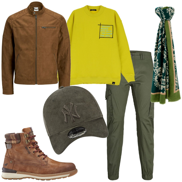 Outfit uomo - Total look #1781515. Stile Casual per Tutti i giorni. Abbinamento con felpe, sciarpe, cappotti, pantaloni cargo, stivali e stivaletti, cappelli con visiera.