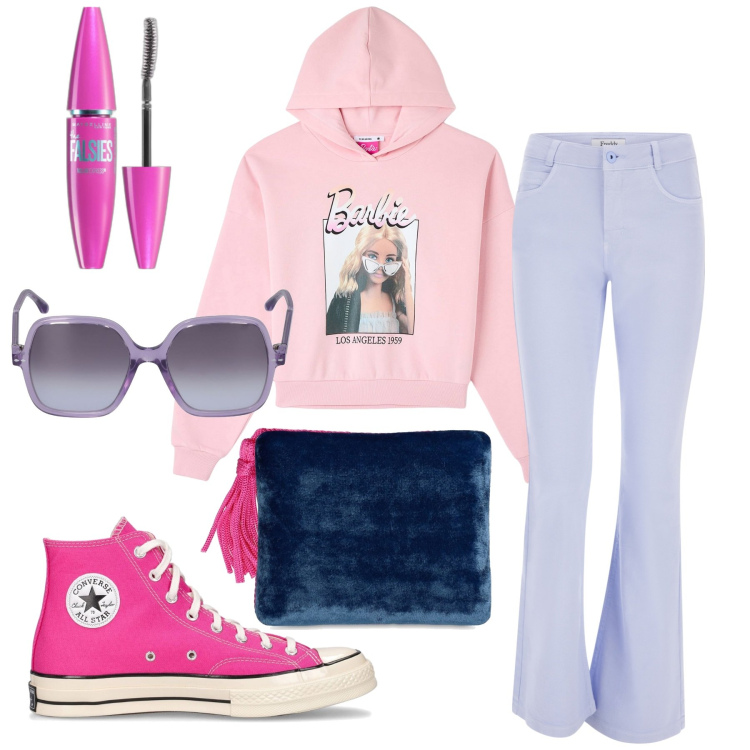 Outfit donna - Girlish. Stile Romantica per Tutti i giorni. Abbinamento con mascara, felpe con cappuccio, jeans a zampa, pochette, occhiali da sole, sneakers.