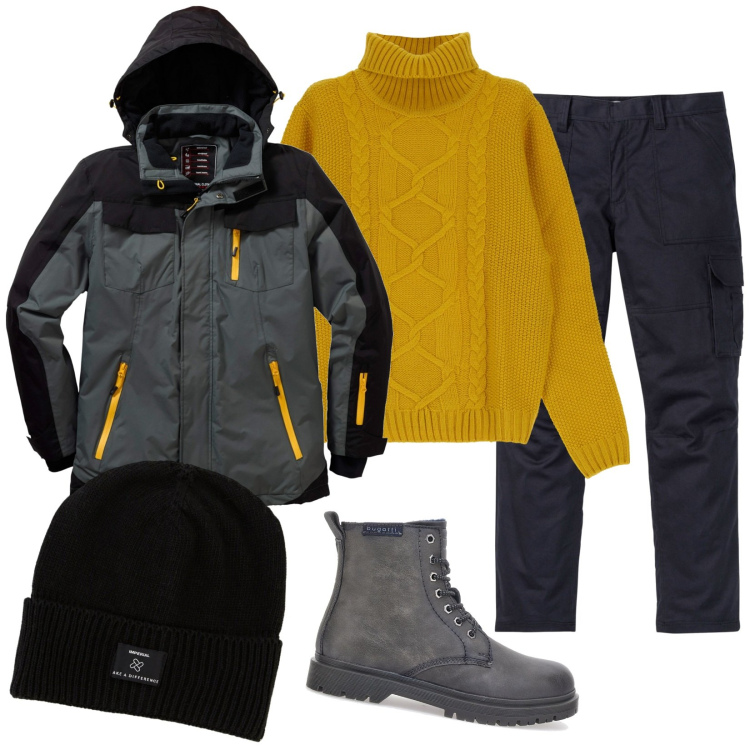 Outfit uomo - Bello così. Stile Casual per Tutti i giorni. Abbinamento con giacche, pantaloni cargo, berretti, maglieria, anfibi.