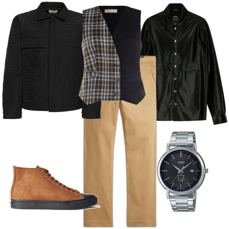 Outfit uomo - Total look #1781523. Stile Casual per Ufficio. Abbinamento con gilet, camicie, sneakers, pantaloni, orologi analogici, giacche.