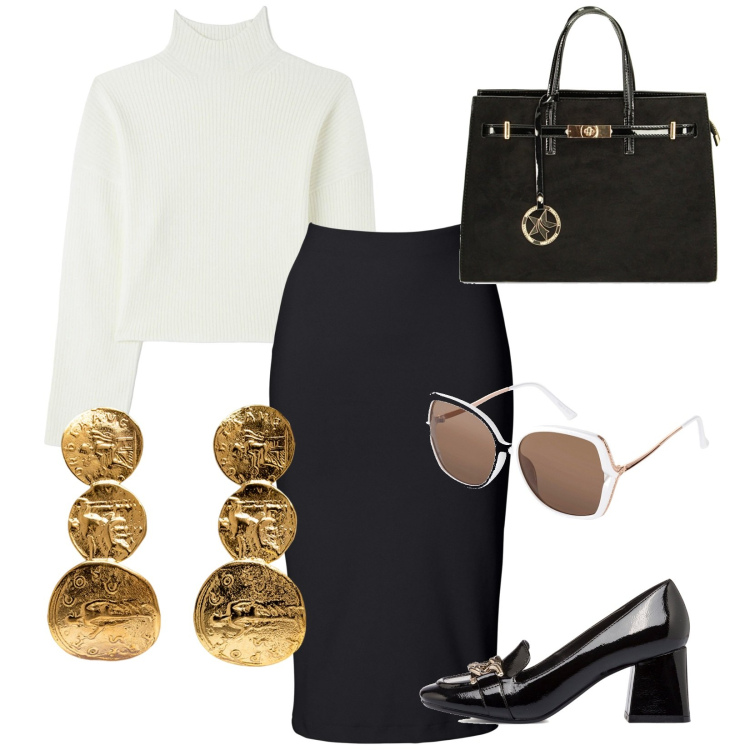 Outfit donna - Heels on ice. Stile Glamour per Ufficio. Abbinamento con gonne longuette, occhiali da sole, maglieria, borse a mano, décolleté, orecchini.