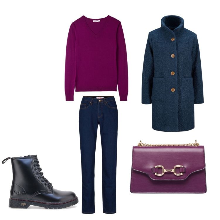 Outfit donna - Total look #1781556. Stile Casual per Scuola/Università. Abbinamento con cappotti, jeans mom, maglieria, borse a tracolla, stivaletti.