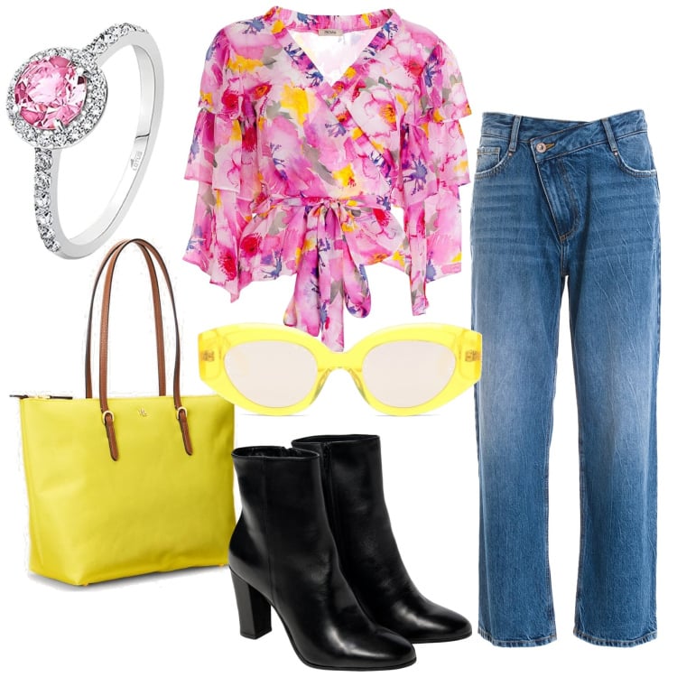 Outfit donna - Vitaminico. Stile Casual per Tutti i giorni. Abbinamento con bluse, jeans, borse tote, occhiali da sole, stivaletti, anelli.