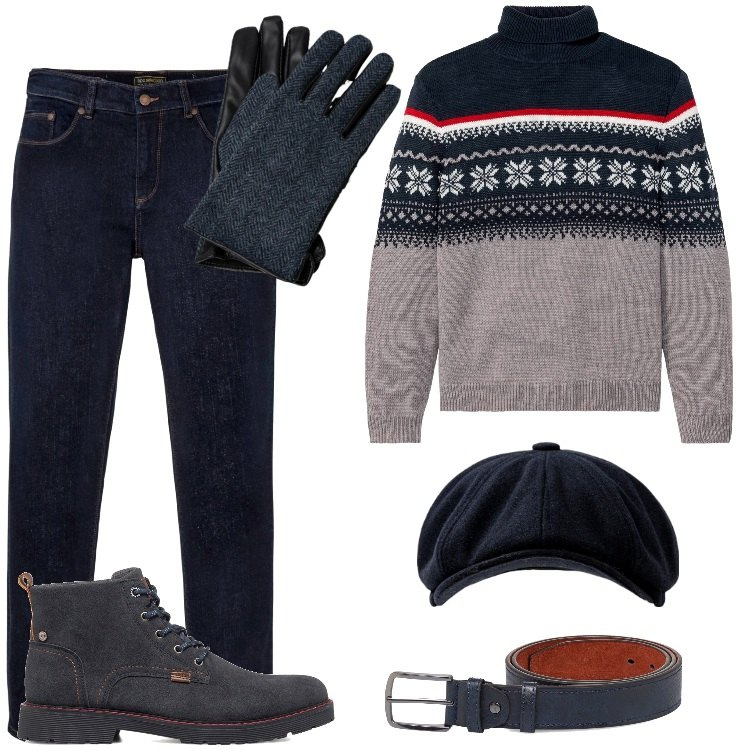 Outfit uomo - Maglione norvegese x Xmas. Stile Casual per Serata speciale. Abbinamento con maglieria, jeans dritti, cinture, anfibi, cappelli, guanti.
