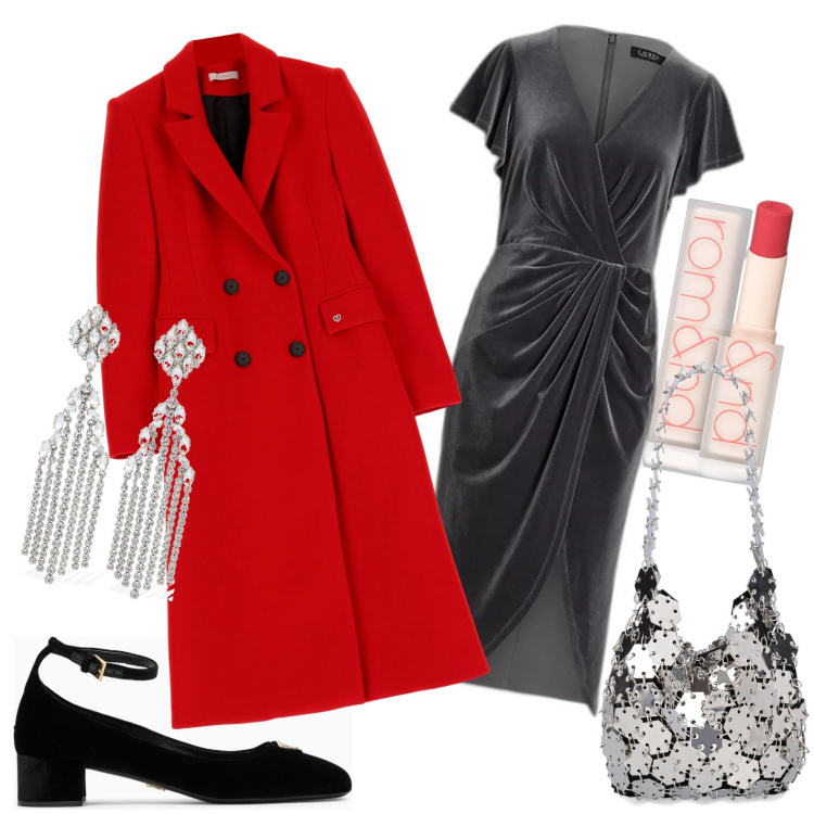 Outfit donna - Abito di velluto con drappeggio. Stile Bon Ton per Serata fuori. Abbinamento con rossetti, cappotti, vestiti, borse a spalla, orecchini, décolleté.
