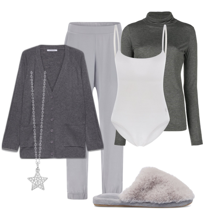 Outfit donna - Sui toni del grigio. Stile Basic per Tutti i giorni. Abbinamento con maglieria, collane, body, pantaloni, pantofole, cardigans.