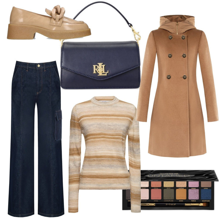 Outfit donna - Serata al cinema. Stile Basic per Serata fuori. Abbinamento con ombretti, cappotti, pantaloni cargo, borse a tracolla, maglieria, mocassini.