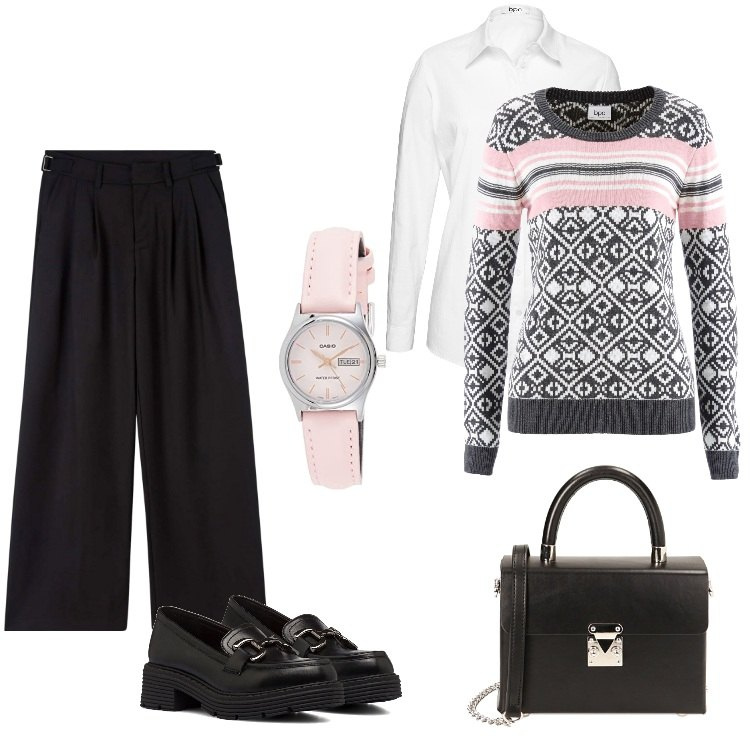 Outfit donna - Xmas in famiglia. Stile Trendy per Serata fuori. Abbinamento con maglieria, camicie, pantaloni, borse a spalla, mocassini, orologi.