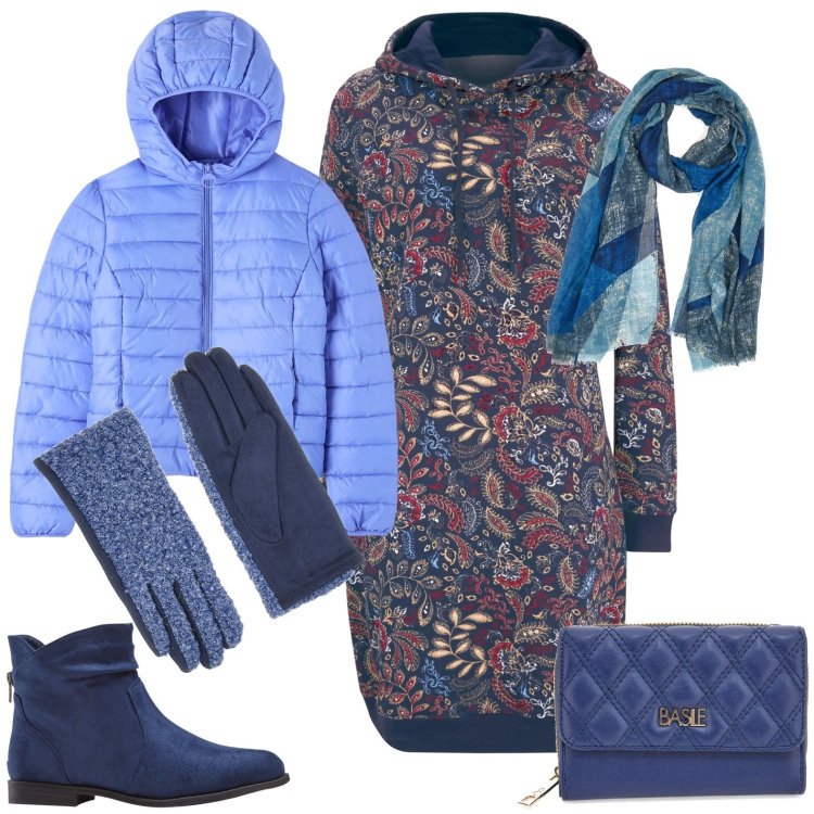 Outfit donna - Total look #1781602. Stile Casual per Tutti i giorni. Abbinamento con vestiti, stivaletti, blazer, portafogli, sciarpe, guanti.