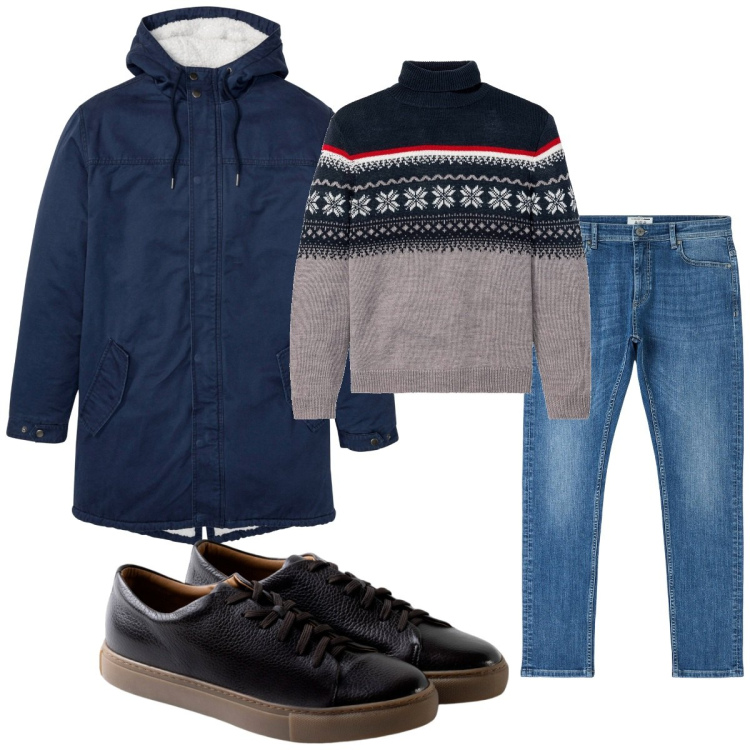 Outfit uomo - Total look #1781616. Stile Trendy per Tutti i giorni. Abbinamento con maglieria, parka, jeans skinny, sneakers.
