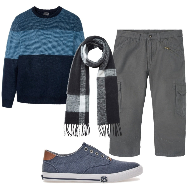 Outfit uomo - Total look #1781623. Stile Trendy per Tutti i giorni. Abbinamento con maglieria, pantaloni cargo, sciarpe, sneakers.
