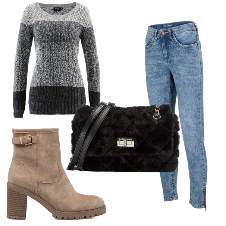 Outfit donna - Total look #1781627. Stile Basic per Tutti i giorni. Abbinamento con maglieria, jeans skinny, stivaletti, borse a spalla.