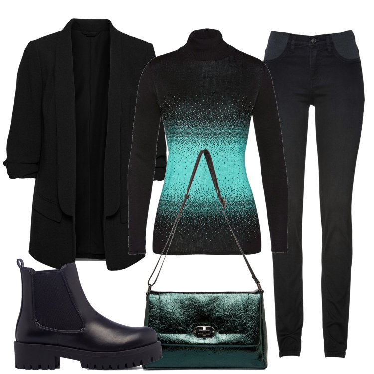 Outfit donna - Invito informale. Stile Casual chic per Tutti i giorni. Abbinamento con jeans skinny, blazer, maglieria, borse a tracolla, stivaletti.