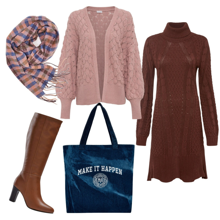 Outfit donna - Té delle cinque. Stile Casual chic per Ufficio. Abbinamento con cardigans, vestiti, stivali, shopping bag, sciarpe.