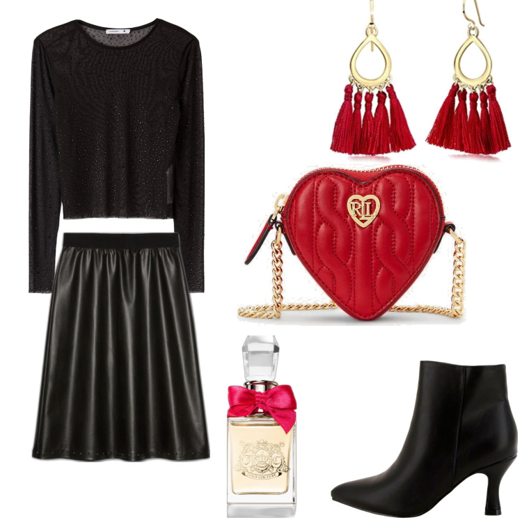 Outfit donna - Pronta per le feste. Stile Vintage retrò per Serata fuori. Abbinamento con gonne longuette, profumi, stivaletti, pochette, t-shirt, orecchini.