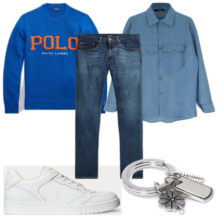 Outfit uomo - Total look #1781671. Stile Trendy per Tutti i giorni. Abbinamento con portachiavi, camicie, jeans dritti, sneakers alte, maglieria.