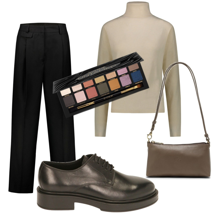 Outfit donna - La classe della stringata. Stile Trendy per Tutti i giorni. Abbinamento con ombretti, scarpe stringate, pantaloni, pullovers, borse a spalla.