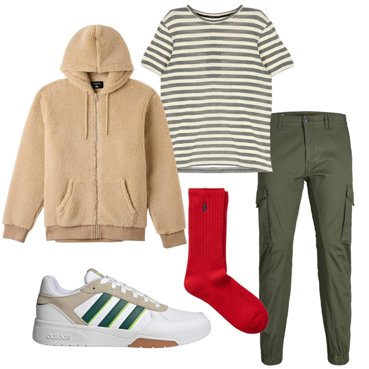 Outfit uomo - Passeggiata al parco. Stile Casual per Sport. Abbinamento con felpe con cappuccio, t-shirt, pantaloni cargo, calzini, sneakers.