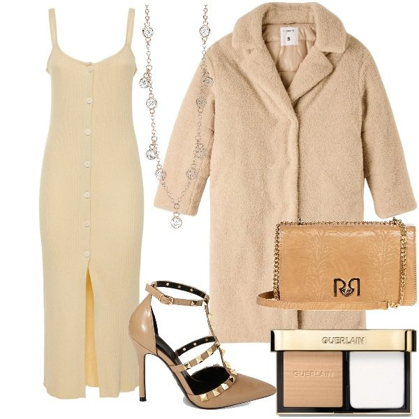 Outfit donna - Festività in chiaro. Stile Romantica per Serata fuori. Abbinamento con fondotinta, cappotti, collane, borse a tracolla, décolleté, vestiti midi/longuette.