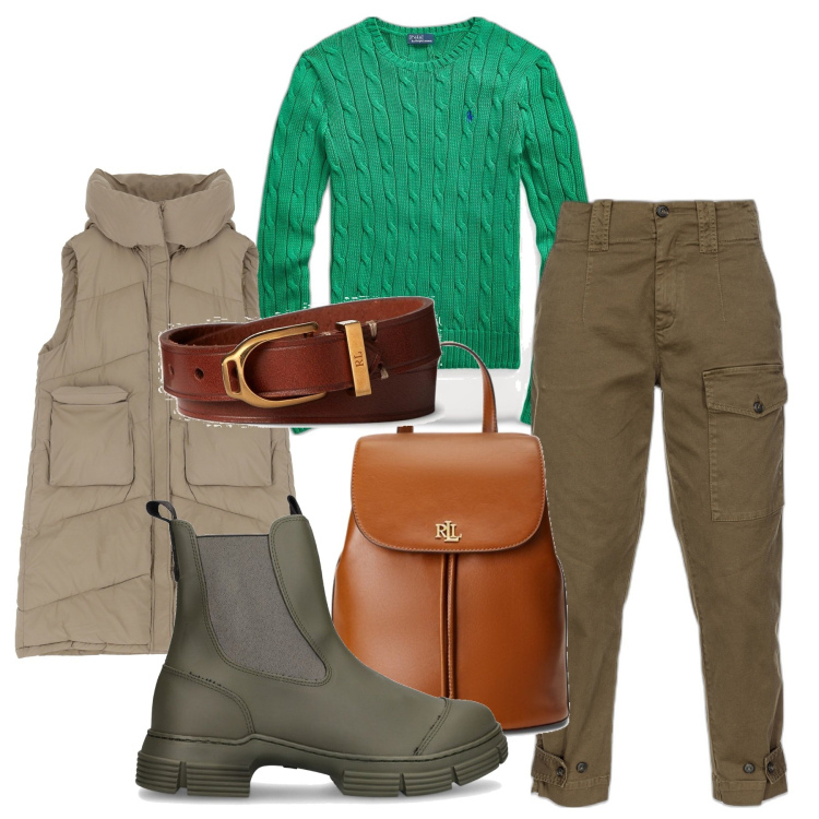 Outfit donna - Gita in montagna. Stile Urban per Tutti i giorni. Abbinamento con pantaloni cargo, piumini, braccialetti, zaini, maglieria, stivaletti.