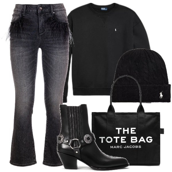 Outfit donna - Black. Stile Casual chic per Tutti i giorni. Abbinamento con jeans, berretti, pullovers, stivaletti texani, borse tote.