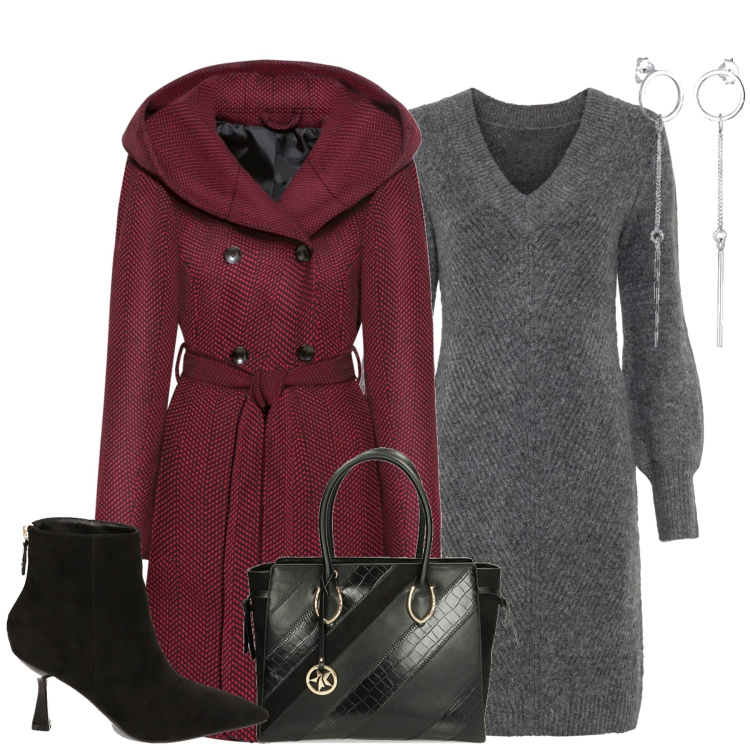 Outfit donna - Bordeaux e grigio. Stile Minimal per Tutti i giorni. Abbinamento con vestiti, cappotti, stivaletti, borse a spalla, orecchini.
