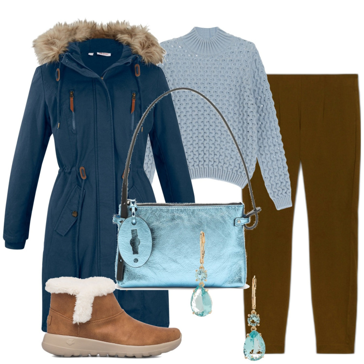 Outfit donna - Passeggiata in città. Stile Casual per Tutti i giorni. Abbinamento con parka, maglieria, orecchini, stivaletti, pantaloni skinny, borse a mano.