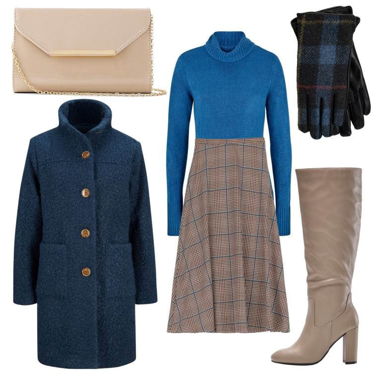 Outfit donna - Inverno. Stile Romantica per Tutti i giorni. Abbinamento con cappotti, maglieria, pochette, stivali sopra il ginocchio, gonne longuette, guanti.
