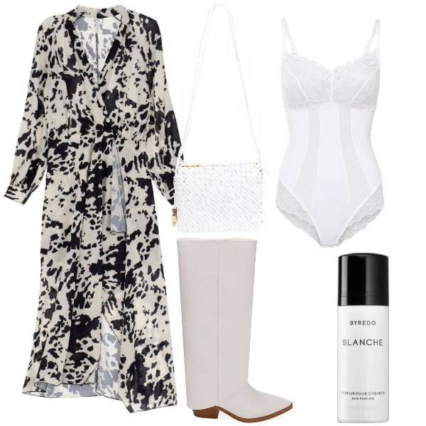 Outfit donna - Lo stivale bianco. Stile Romantica per Serata fuori. Abbinamento con body, profumi, borse a tracolla, vestiti midi/longuette, stivali.