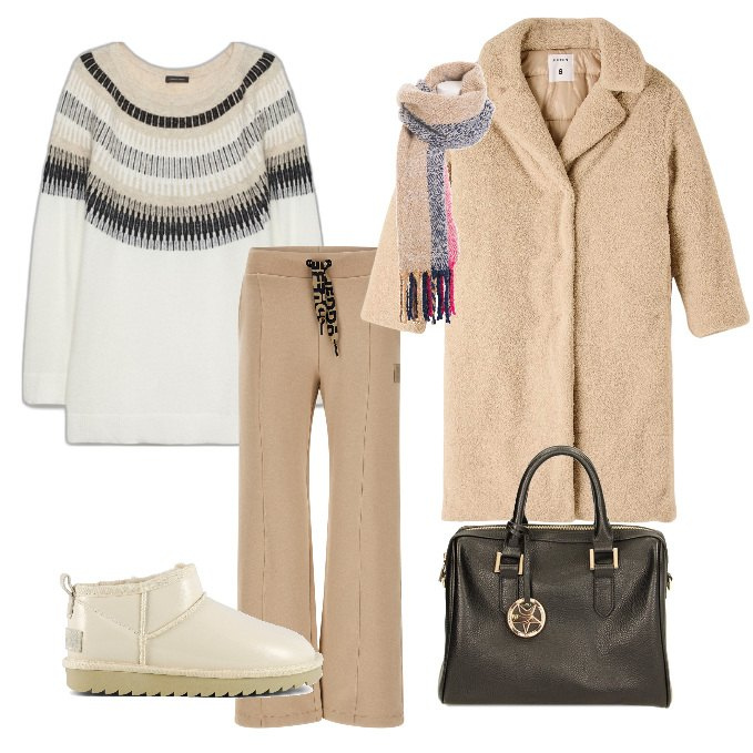 Outfit donna - Vacanze in baita. Stile Casual per Tutti i giorni. Abbinamento con cappotti, sciarpe, borse a mano, pantaloni, stivali, maglieria.