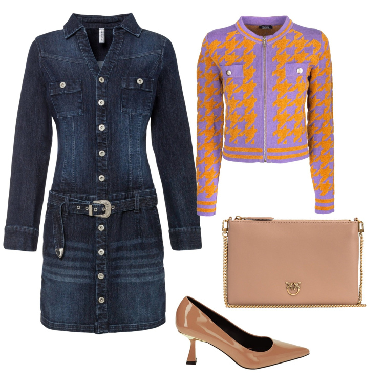 Outfit donna - L\'abito con la cintura. Stile Chic per Ufficio. Abbinamento con vestiti, borse a tracolla, giacche, décolleté.