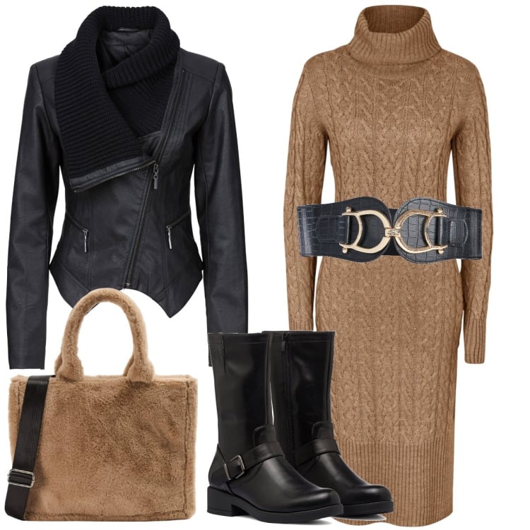 Outfit donna - Abito tricot e cintura alta. Stile Rock per Tutti i giorni. Abbinamento con blazer, vestiti midi/longuette, cinture, shopping bag, stivaletti.