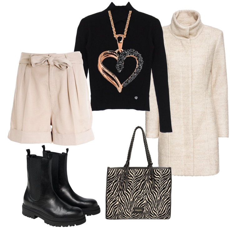 Outfit donna - Shopping per le feste. Stile Casual chic per Tutti i giorni. Abbinamento con cappotti, pantaloni corti, maglieria, borse a spalla, ciondoli, stivaletti chelsea.