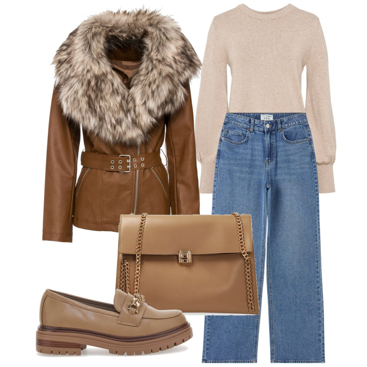Outfit donna - Calda in faux four. Stile Casual chic per Tutti i giorni. Abbinamento con maglieria, blazer, jeans, borse a spalla, mocassini.