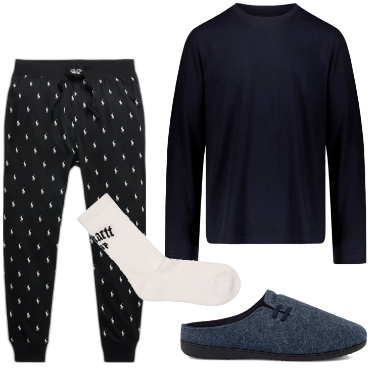 Outfit uomo - A casa. Stile Casual per Tutti i giorni. Abbinamento con pantaloni, pantofole, calzini, abbigliamento da notte.